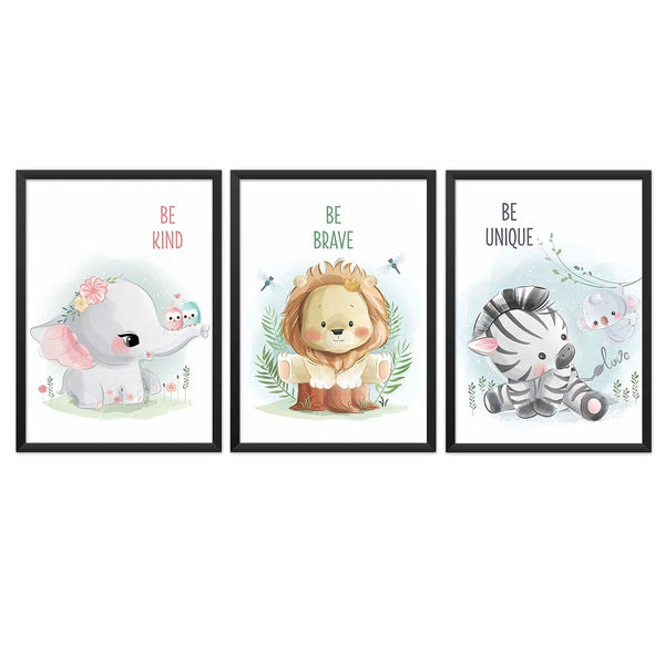Load image into Gallery viewer, Set of 3 - Watercolor Jungle Safari Animals Nursery Wall Art Prints with Positive Affirmations (Framed)