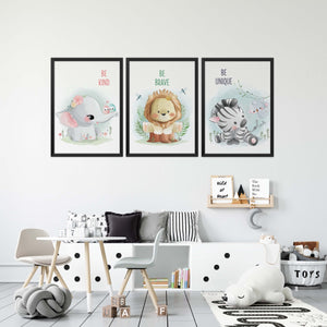 Set of 3 - Watercolor Nursery Safari Animals Prints (Framed)