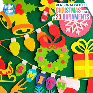 Personalized Felt Christmas Tree with 23 Colorful Ornaments + Personalized Animal Safari World Map with A3 Animal Quest Poster