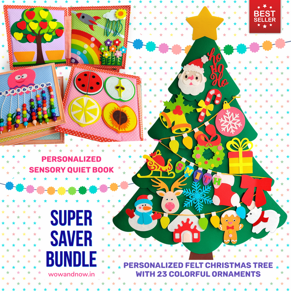 Load image into Gallery viewer, Personalized Peek-a-Boo Animal Safari Sensory Quiet Book + Personalized Felt Christmas Tree with 23 Colorful Ornaments
