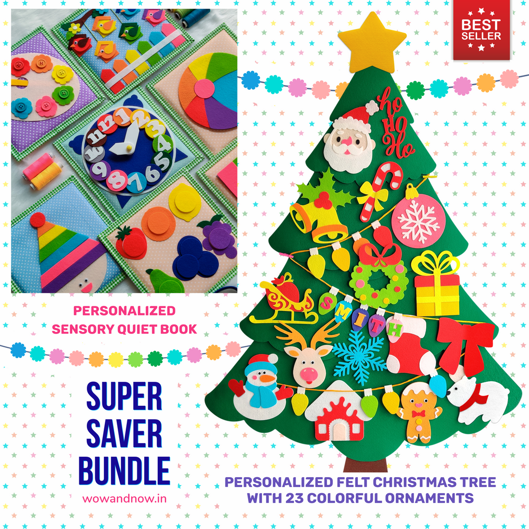 Personalized Color Pop Sensory Quiet Book + Personalized Felt Christmas Tree with 23 Colorful Ornaments