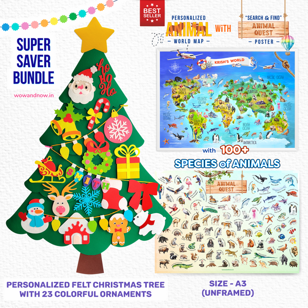 Load image into Gallery viewer, Personalized Felt Christmas Tree with 23 Colorful Ornaments + Personalized Animal Safari World Map with A3 Animal Quest Poster
