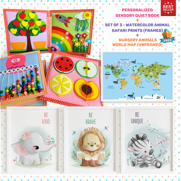 Load image into Gallery viewer, Personalized Peek-a-Boo Animal Sensory Quiet Book + FRAMED - Set of 3 Watercolor Nursery Animals Safari Prints
