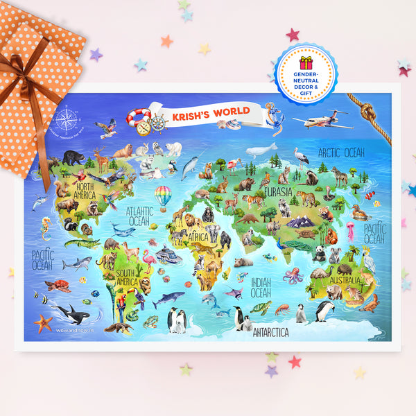 Load image into Gallery viewer, Personalized Animal World Map Wall Art with The Animal Quest Poster
