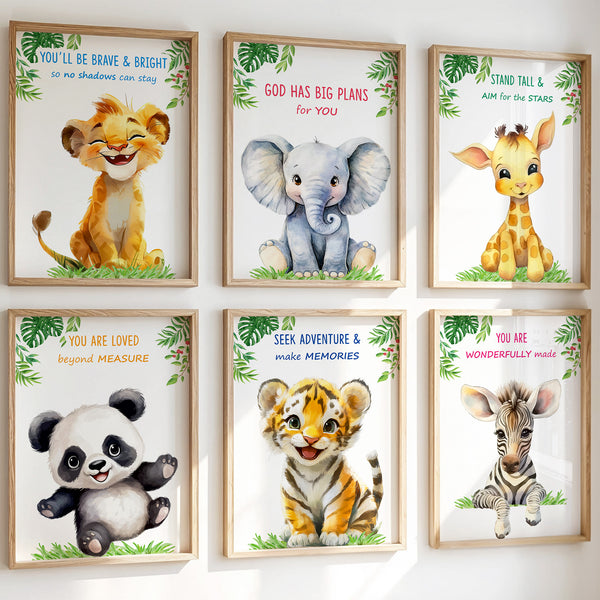 Load image into Gallery viewer, Set of 6 Watercolor Baby Safari Animals Nursery Decor Wall Art Prints | Jungle Animals Kids Room Wall Art Prints (Unframed)
