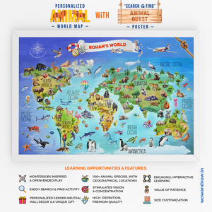 Personalized Peek-a-Boo Animal Safari Sensory Quiet Book + Personalized Animal Safari World Map with A3 Animal Quest Poster