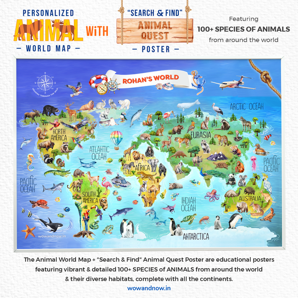 Load image into Gallery viewer, Personalized Peek-a-Boo Animal Safari Sensory Quiet Book + Personalized Animal Safari World Map with A3 Animal Quest Poster
