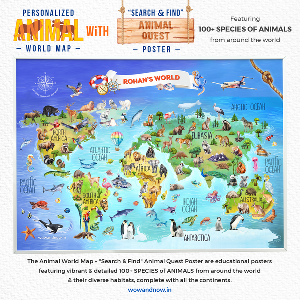 Load image into Gallery viewer, Personalized Animal World Map Wall Art with The Animal Quest Poster
