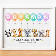 Personalized Watercolor Safari Animals Theme Name Balloon Nursery Wall Decor Art (Unframed)