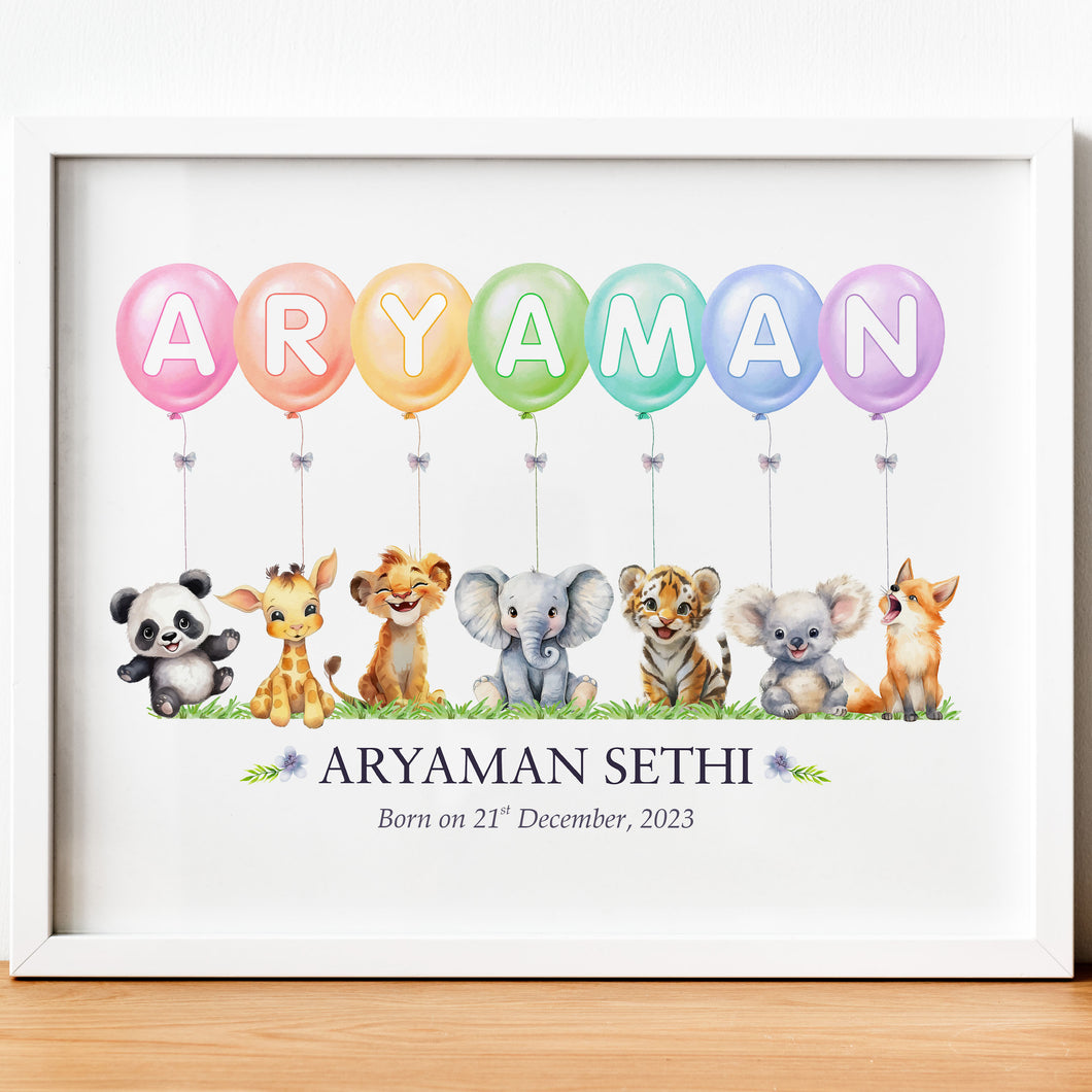 Personalized Watercolor Safari Animals Theme Name Balloon Nursery Wall Decor Art (Unframed)