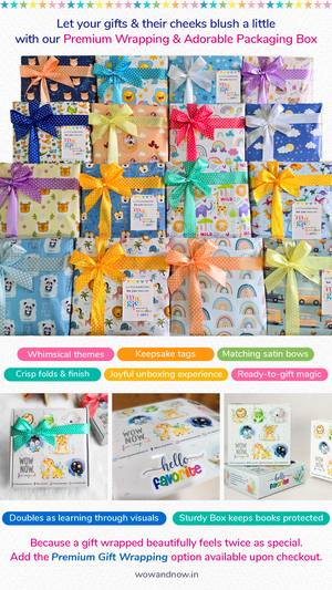 Premium gift wrapping and packaging for kids Montessori toys, books and return gifts with cute printed wrapping paper, polka dot satin ribbon bows, and personalized gift tags. Perfect for baby showers, birthdays, and kids party favors