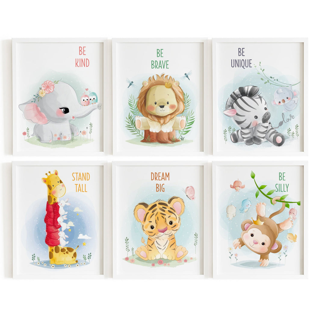 Set of 6 - Watercolor Jungle Safari Animals Nursery Wall Art Prints with Positive Affirmations (Framed)
