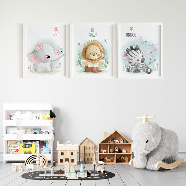 Load image into Gallery viewer, Set of 3 - Watercolor Jungle Safari Animals Nursery Wall Art Prints with Positive Affirmations (Framed)
