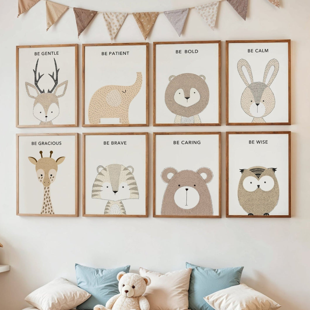 neutral scandinavian baby room decor with animal art