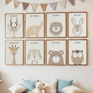 neutral scandinavian baby room decor with animal art