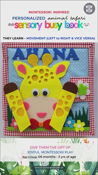 Load and play video in Gallery viewer, Personalized Animal Safari Sensory Quiet Book (Jerry - The Giraffe) - Montessori Toys
