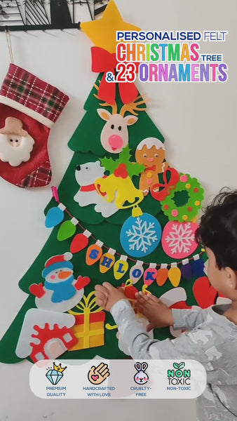 Load and play video in Gallery viewer, Personalized Wall Hanging Montessori DIY Felt Christmas Tree with 23 Colorful Felt Ornaments, Christmas Tree Gift Toddler
