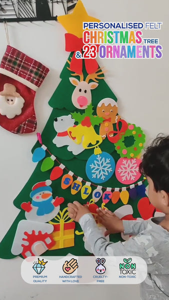 Load and play video in Gallery viewer, Personalized Felt Christmas Tree with 23 Colorful Felt Ornaments - Montessori Inspired

