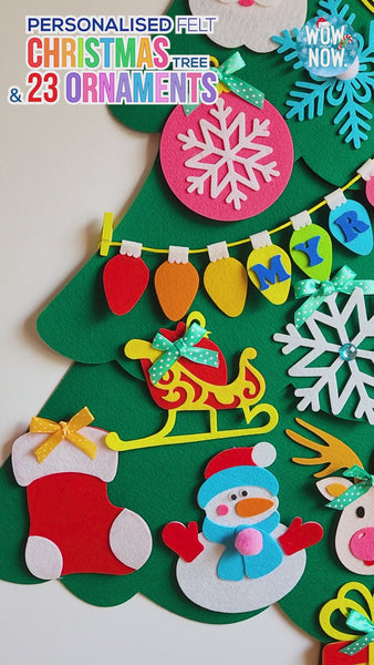 Load and play video in Gallery viewer, Personalized Wall Hanging Montessori DIY Felt Christmas Tree with 23 Colorful Felt Ornaments, Christmas Tree Gift Toddler
