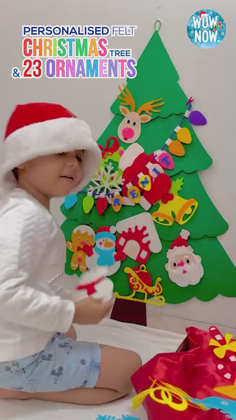 Load and play video in Gallery viewer, Personalized Montessori felt Christmas tree with colorful ornaments.
