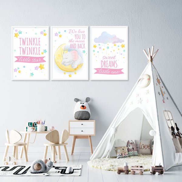 Load image into Gallery viewer, Set of 3 Star Prints - Twinkle Twinkle Little Star (Pink) - Framed
