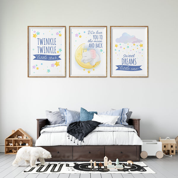 Load image into Gallery viewer, Set of 3 Star Prints - Twinkle Twinkle Little Star (Blue) - Framed
