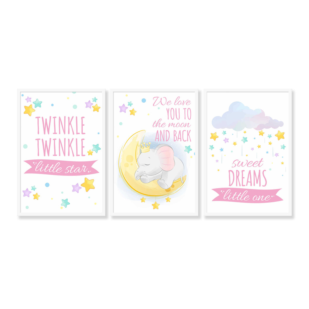 Set of 3 Star Prints - Twinkle Twinkle Little Star (Pink) - Framed