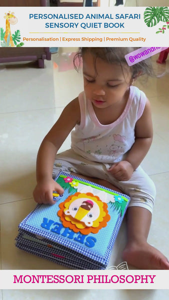 Load and play video in Gallery viewer, Personalized Animal Safari Sensory Quiet Book (Ollie - The Owl) - Montessori Toys
