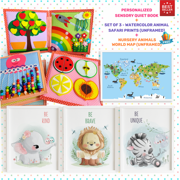 Load image into Gallery viewer, Personalized Peek-a-Boo Animal Sensory Quiet Book + FRAMED - Set of 3 Watercolor Nursery Animals Safari Prints
