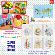 Personalized Animal Safari Sensory Quiet Book + FRAMED - Set of 6 Watercolor Nursery Animals Safari Prints