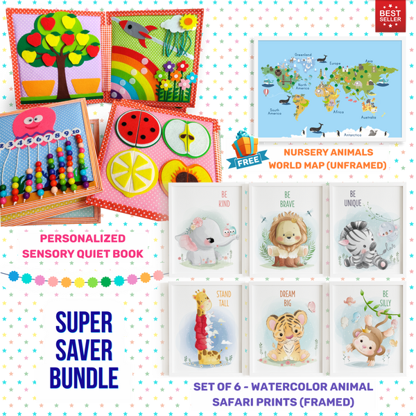 Load image into Gallery viewer, Personalized Animal Safari Sensory Quiet Book + FRAMED - Set of 6 Watercolor Nursery Animals Safari Prints
