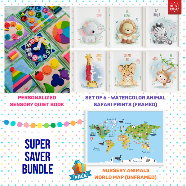 Load image into Gallery viewer, Personalized Color Pop Sensory Quiet Book + FRAMED - Set of 6 Watercolor Nursery Animals Safari Prints

