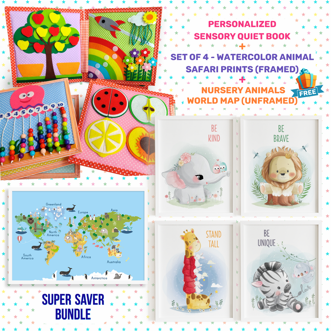 Personalized Peek-a-Boo Animal Safari Sensory Quiet Book + FRAMED - Set of 4 Watercolor Nursery Animals Safari Prints