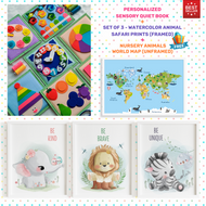 Personalized Color Pop Sensory Quiet Book + FRAMED - Set of 3 Watercolor Nursery Animals Safari Prints