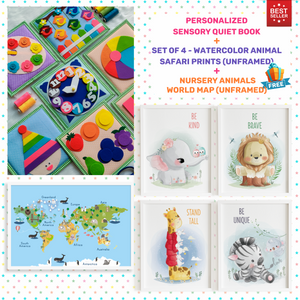 Personalized Color Pop Sensory Quiet Book + UNFRAMED - Set of 4 Watercolor Nursery Animal Safari Prints
