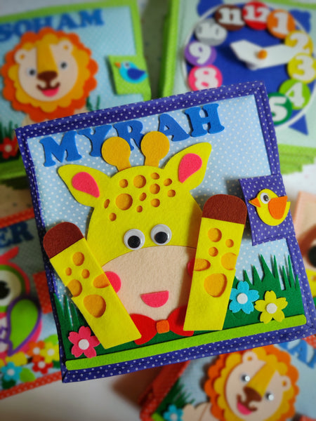Load image into Gallery viewer, Personalized Peek-a-Boo Animal Safari Sensory Quiet Book + FRAMED - Set of 4 Watercolor Nursery Animals Safari Prints
