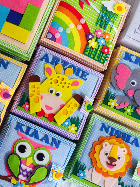 Load image into Gallery viewer, Personalized Peek-a-Boo Animal Safari Sensory Quiet Book + Personalized Felt Christmas Tree with 23 Colorful Ornaments
