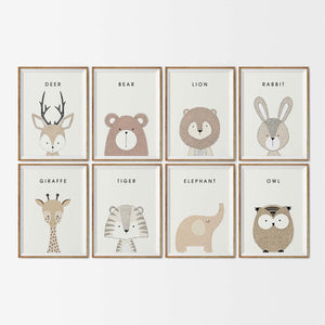 Set of 8 - Nursery Woodland Animals Print (Unframed)