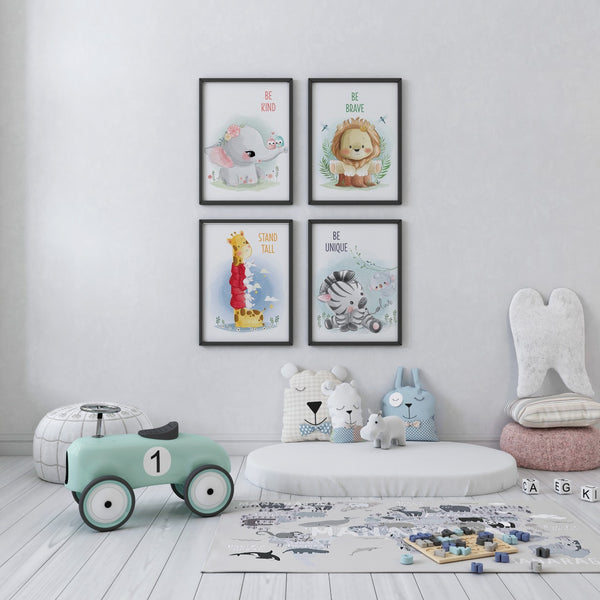 Load image into Gallery viewer, Set of 4 - Watercolor Nursery Safari Animals Prints (Framed)
