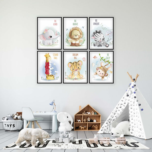 Load image into Gallery viewer, Set of 6 - Watercolor Nursery Safari Animals Prints (Framed)

