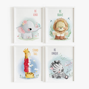 Set of 4 - Watercolor Nursery Safari Animals Prints (Framed)