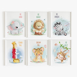 Set of 6 - Watercolor Nursery Safari Animals Prints (Framed)