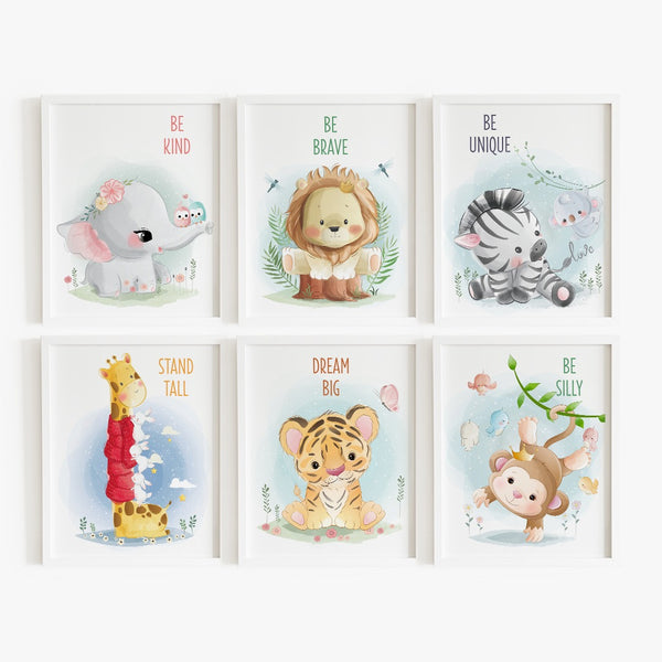 Load image into Gallery viewer, Personalized Peek-a-Boo Animal Safari Sensory Quiet Book + UNFRAMED - Set of 6 Watercolor Nursery Animals Safari Prints
