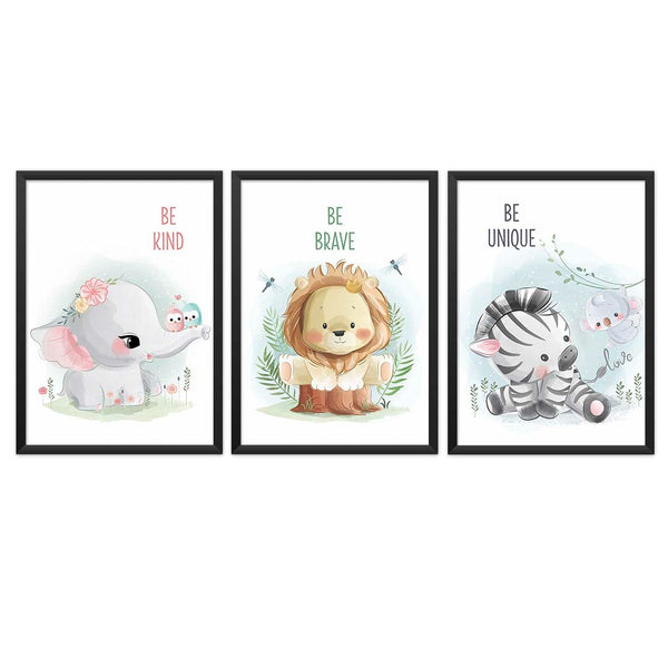 Load image into Gallery viewer, Set of 3 - Watercolor Nursery Safari Animals Prints (Framed)
